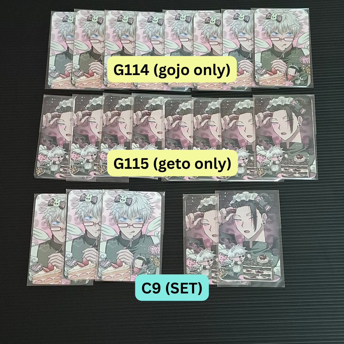 tagmilbut's tweet photo. ‼️ QRT dengan kode pada gambar untuk memesan.

PHOTOCARD ada 21 set, bisa beli satuan ataupun beli set.

• G114 (PC Gojo only) = Rp 10,000 each

• G115 (PC Geto only) = Rp 10,000 each

• C9 (SET) = Rp 20,000 /set https://t.co/3EziKQ4QuL