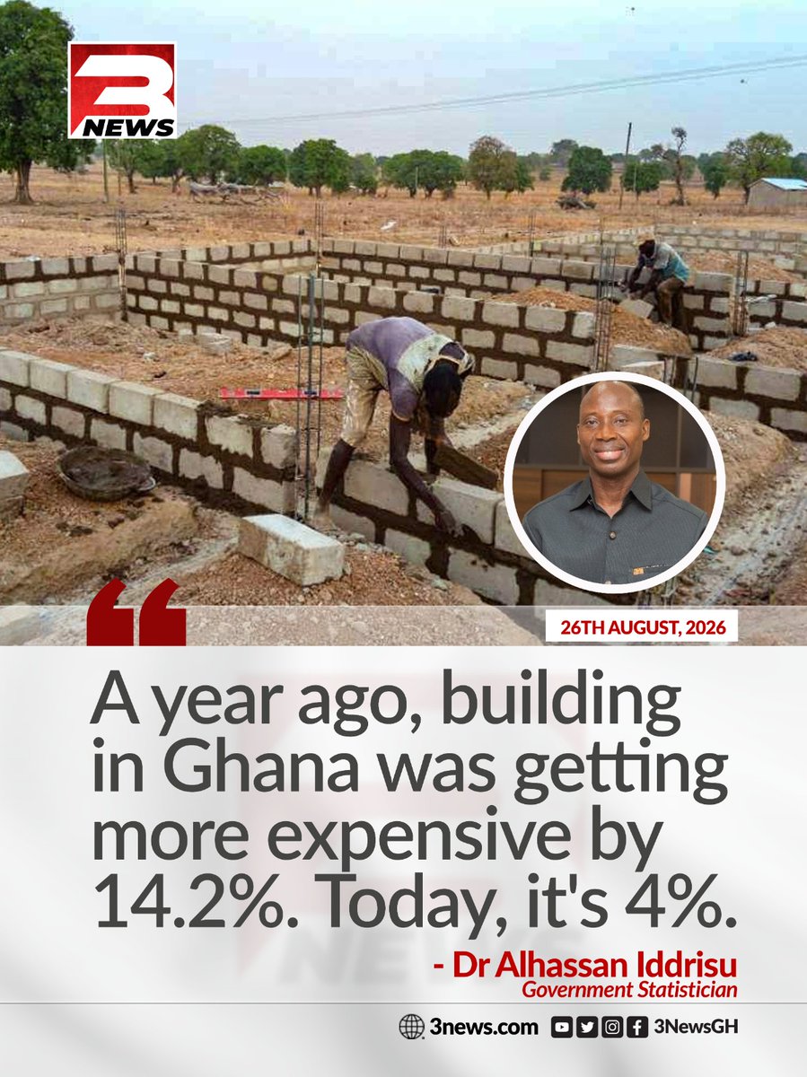 tv3_ghana's tweet photo. Government Statistician Dr. Alhassan Iddirisu has reported that building costs in Ghana, which rose by 14.2% a year ago, have now dropped to 4%.

#3NewsGH #TV3GH https://t.co/VIgpYJofec