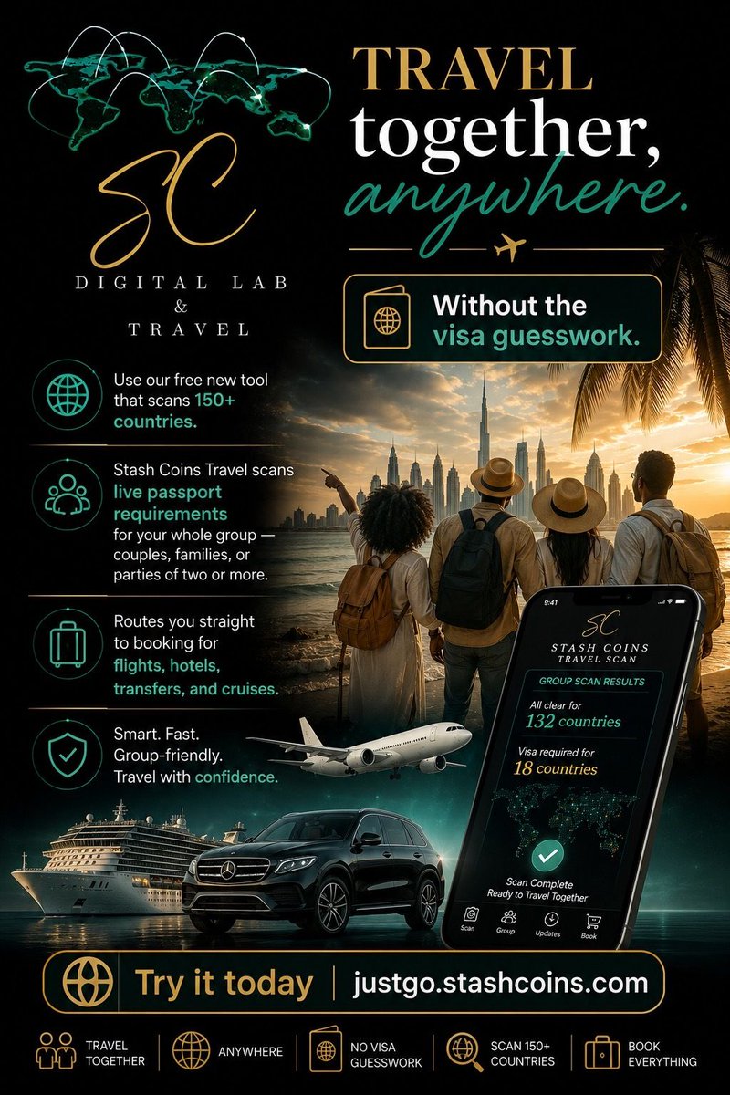 StashCoins's tweet photo. 🛑 STOP SEARCHING COUNTRY BY COUNTRY.

Add your group’s passports → scan 150+ countries → discover where you can travel together. 🌎✈️

One tool. Your whole group. More possibilities.

👉 https://t.co/QYNXJweyei

#GroupTravel #TravelHack #PassportReady #TravelTogether https://t.co/bxXPS8c1tb