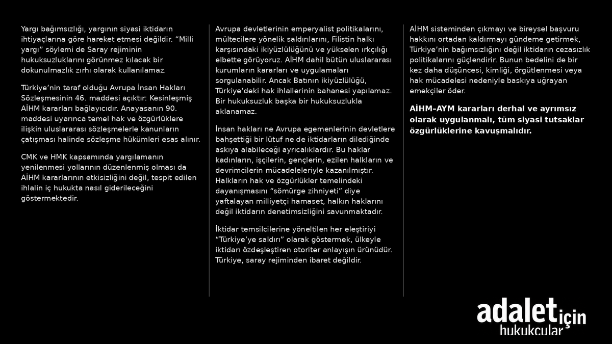 adaletsosyalizm's tweet photo. AİHM ve AYM kararları derhal uygulanmalıdır. https://t.co/pfZ60Vijxx