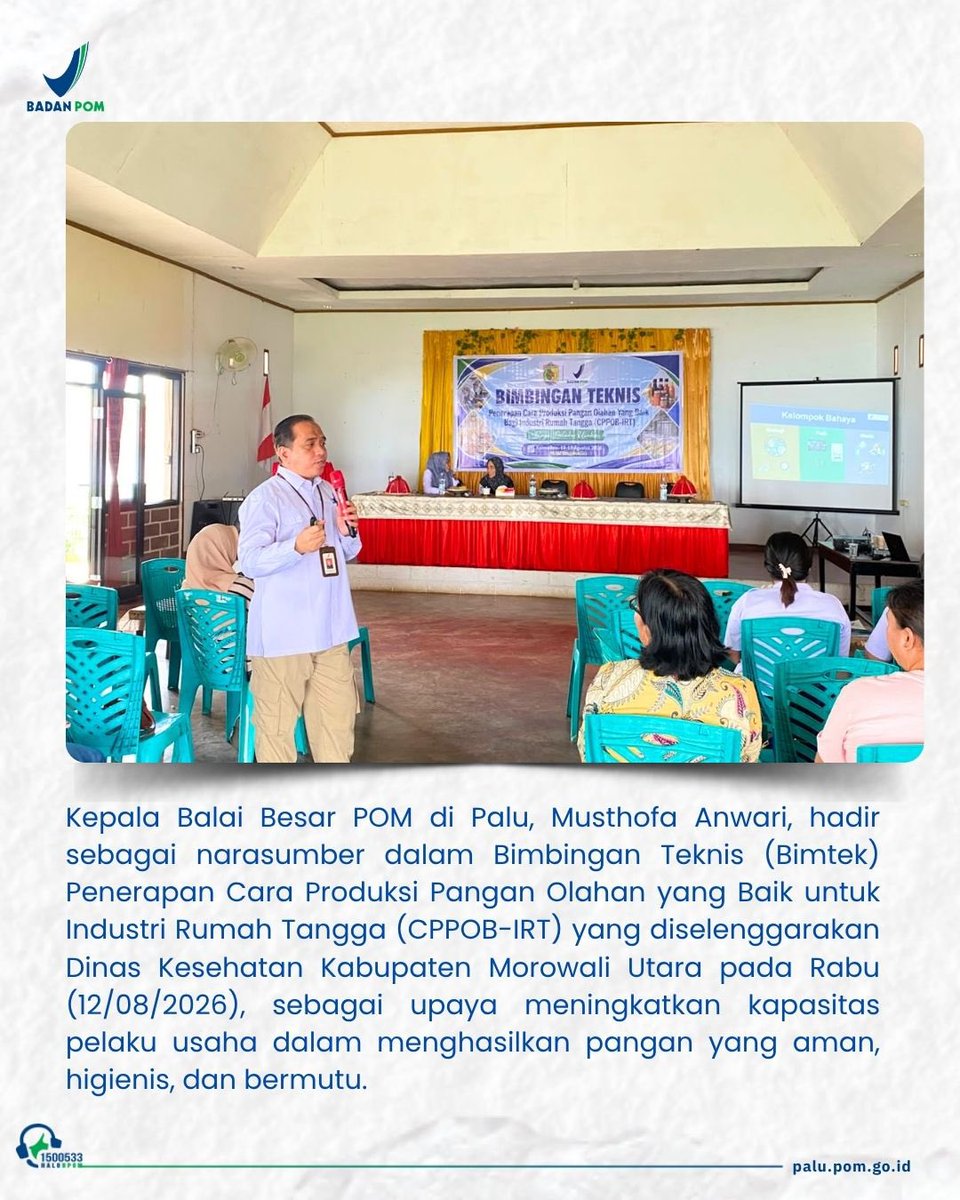 bpompalu's tweet photo. BBPOM di Palu bersama Dinkes Morowali Utara menggelar Bimtek Penerapan CPPOB-IRT, Rabu (12/08/2026).

💪 Penerapan CPPOB yang konsisten membantu menghasilkan pangan yang aman dan bermutu, sekaligus meningkatkan kepercayaan konsumen dan daya saing UMKM. https://t.co/EOgWbJkXai