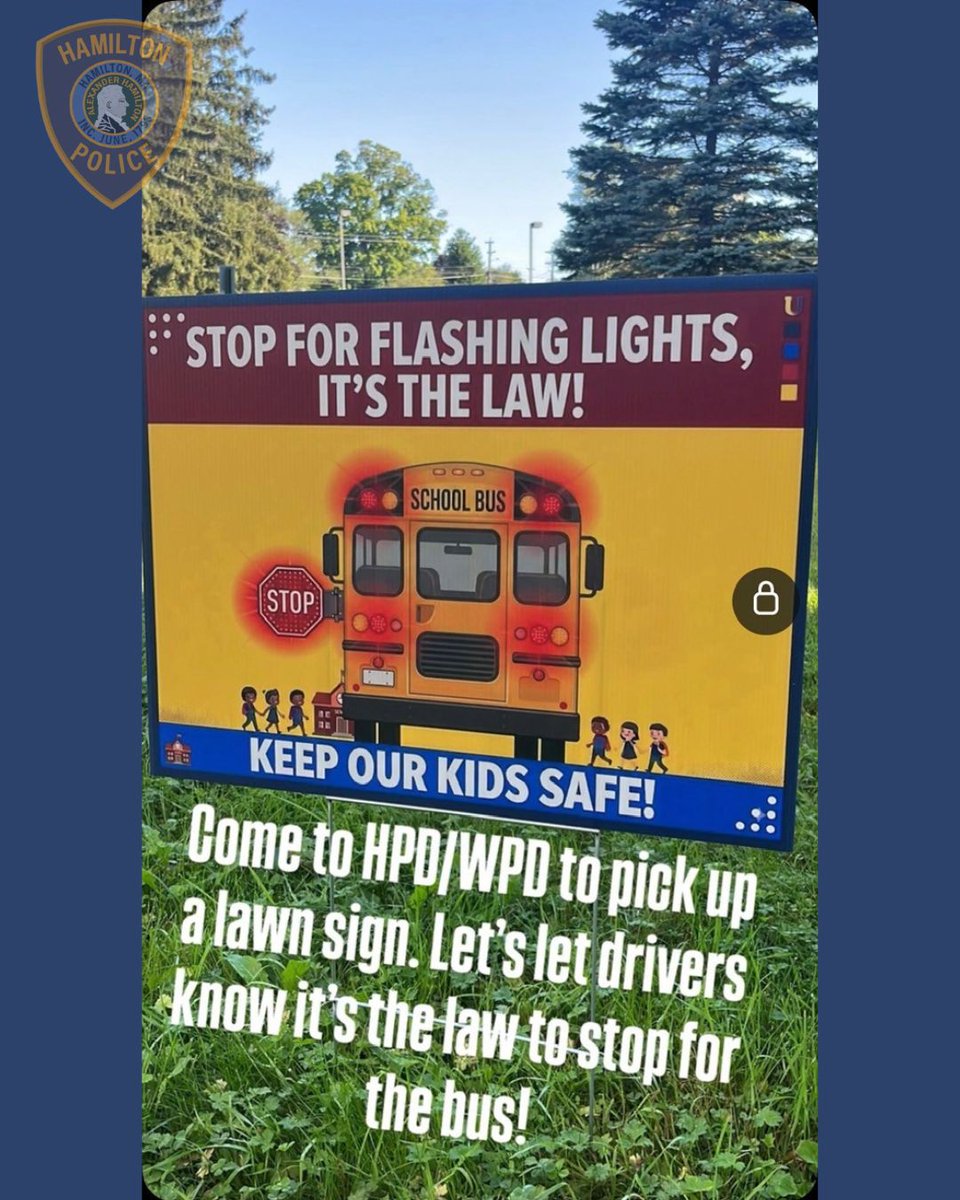 HamiltonMAPD's tweet photo. Thanks to HWRSD the Hamilton and Wenham communities can come pick up a school bus safety sign at the Hamilton and Wenham Police Departments. Limited supplies. https://t.co/XWcFWA9tVa