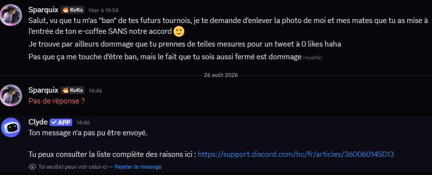 sparquix's tweet photo. Salut tout le monde,

Je me permets de faire un tweet pour vous déconseiller et pour dénoncer une LAN que vous ne devriez pas faire : la lan e-coffee à Lens.
J'ai récemment fait cette lan une deuxième fois car on m'a proposé de me défrayer avec D3fox, Trunks, Hugow et Miniaelka, et il y a pas mal de choses à dire.

Premièrement, cette lan est censée être illégale, le rapport dépense des joueurs/cashprize est en négatif pour tous les joueurs (on s'approche du prix de la GA xD).
Ensuite, ils ont 0 accord avec Riot pour faire cette lan.
Ils savent très bien ce qu'ils font, d'où le fait que, malgré le nombre de tournois qu'ils organisent, ils ne figurent pas sur https://t.co/x8b4cr5t7B ou d'autres sites vu que le but de la lan est d'être rentable avant d'organiser un événement de qualité.

Ils vont faire tout leur possible pour gagner de l'argent sur cette LAN, ce n'est pas leur problème que vous passiez une bonne lan ou non (notamment par le fait d'ajouter des équipes en distanciel alors que c'est une LAN).
De plus, là-bas les boissons énergisantes sont à 4€ l'unité (Dieu merci je n'en bois pas mdr).

En bref, si vous représentez un petit projet ou que vous n'avez tout simplement pas énormément d'argent, privilégiez de biens meilleurs tournois, n'allez pas perdre de l'argent pour une LAN qui se fout de vous en plus de ne durer qu'un seul petit jour (malgré cette courte durée, ils n'ont même pas autorisé aux joueurs de rester 30 minutes de plus pour jouer Premier, ce que j'entends, mais c'est à prendre en compte).

Pour finir, j'aimerais également noter, qu'une photo de moi (A CE MOMENT-LA MINEUR !) ainsi que les personnes avec qui j'ai fait une première fois cette LAN l'année dernière (Tamba, Bachira, D3fox et Daichi) figure sur le mur de l'entrée du e-coffee, et cela SANS notre accord (juste à côté de toutes ses pubs faites 100% à l'IA). Je demande bien évidemment à ce que mon image ne soit pas affiliée à ce genre d'organisations vicieuses.

Bien sûr, au lieu d'essayer de discuter avec moi, de trouver une solution au problème ou de juste se remettre en question, le gérant de ce e-coffee m'a simplement banni de ses LAN et m'a bloqué alors que je tentais de discuter avec lui, ce monsieur se nomme "Reaper_Sno".

Ce message est à but informatif uniquement, je vous demande simplement de privilégier d'autres LANs plus intéressantes pour votre intérêt personnel et pour le développement de la scène. N'allez insulter ou harceler personne, bonne journée !