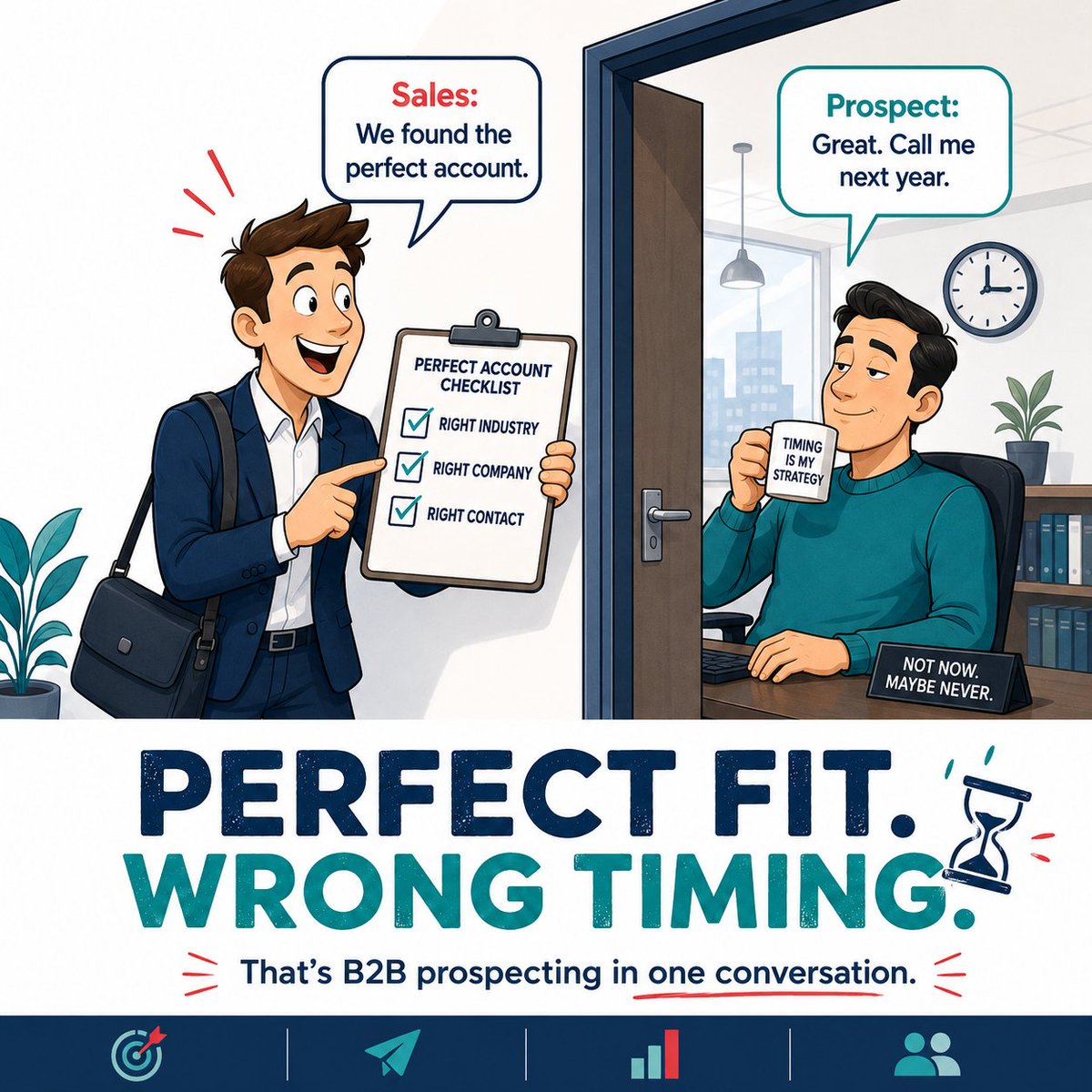 TargetNXT's tweet photo. Sales:

“We found the perfect account.”

Right industry
Right company 
Right contact 
Prospect:
“Great. Call me next year.”

And there goes the celebration. 

Perfect fit doesn’t always mean perfect timing.

That’s prospecting in one conversation.

#JustSalesthings https://t.co/cpwxnKezG8