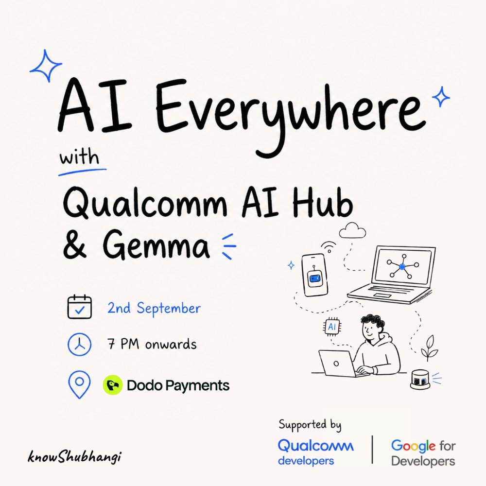 knowShubhangi's tweet photo. Three events. Three rooms. One packed week in Bangalore! 🚀

Edge AI • Physical AI • Robotics • Neurodivergent hackathon

1.  AI Everywhere: Edge, Cloud & Humans Qualcomm AI Hub + Gemma, on-device AI, PyTorch, LiDAR 📅 2 Sept 7PM → https://t.co/jflcj5eszz

2.  Hardware Club: Robotics & Physical AI Showcase Demo robots, drones, edge boards & prototypes 📅 4 Sept 4PM → https://t.co/6YtluOYPLo

3.  Claude Workshop: ADHD Hacks Build tools for ADHD brains, by ADHD brains 📅 6 Sept 9AM → https://t.co/JxVJcG9p75

600+ on waitlists. See you soon!

#EdgeAI #PhysicalAI #Robotics #ADHD #Bangalore #BengaluruTechWeek @blrtechweek