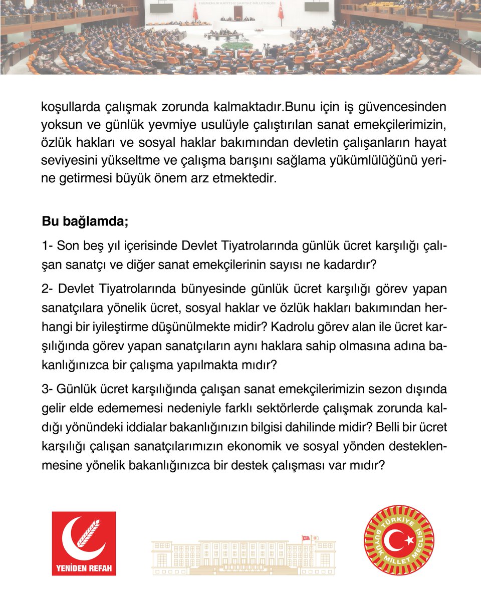 rprefahpartisi's tweet photo. Devlet ve Sinema sektöründe çalışan sanat emekçilerimizin düşük ücret ve güvencesiz çalışma sorununa ilişkin yazılı soru önergemiz Genel Başkan Yardımcımız ve İstanbul Milletvekilimiz Doğan Bekin tarafından TBMM’ye sunulmuştur. https://t.co/Y6YnOYxVFb