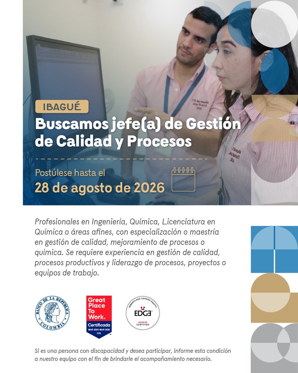BancoRepublica's tweet photo. ¡Deje su huella en Colombia y conviértase en #TalentoBanRep!
Estamos en busca de jefe(a) de Gestión de Calidad y Procesos Industriales en Ibagué. Postúlese hasta el 28 de agosto de 2026, consulte más información 👉 https://t.co/GFb7Zex5Ca
Importante: Las ofertas de empleo del Banco de la República son completamente gratuitas y no se requiere de intermediarios para acceder o participar en las mismas.