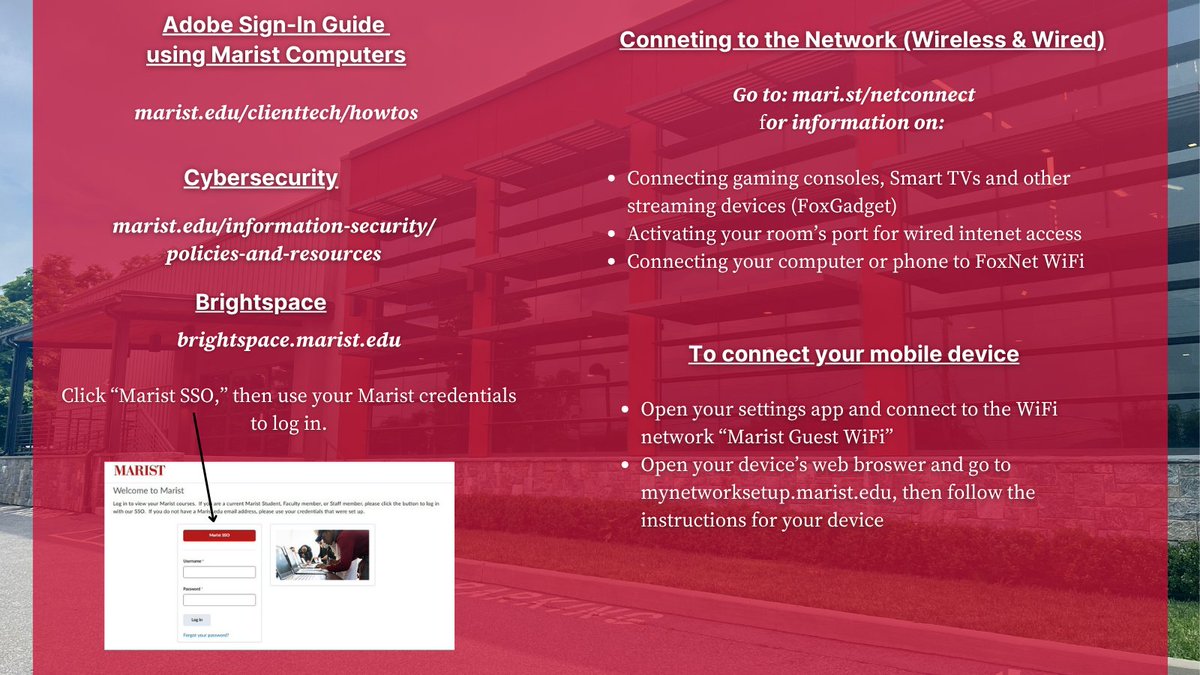 MaristDigitalEd's tweet photo. Welcome to Marist, transfer students & first year students who are a whole road trip away from campus! We're so excited to see campus come alive with new faces, dreams, & adventures. Here are some helpful IT tips as you move in today! #MaristMoveIn #WelcomeToMarist #ClassOf2030 https://t.co/VTn8F3vrdn