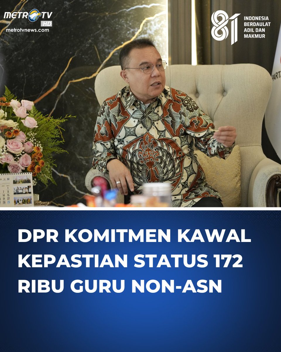 Metro_TV's tweet photo. DPR memastikan mengawal kepastian status 172.323 guru non-ASN di sekolah negeri yang menantikan kejelasan pengangkatan menjadi Pegawai Pemerintah dengan Perjanjian Kerja (PPPK). Kepastian ini didapat usai Wakil Ketua DPR Sufmi Dasco Ahmad bersama Saan Mustopa dan Sari Yuliati menerima audiensi Forum Advokasi Guru Non-ASN Sekolah Negeri (FAGRI). Wakil Ketua FAGRI Aminuddin menyampaikan di Kompleks Parlemen Senayan, Jakarta, pada rabu (26/8/26) bahwa Pimpinan DPR menyatakan siap membantu mendorong penyelesaian persoalan non-ASN ini sesuai Surat Edaran Kemendikdasmen Nomor 7 Tahun 2026.

#dprri #sufmidascoahmad #fagri #gurunonasn #gurutradisional #pppk #kemendikdasmen