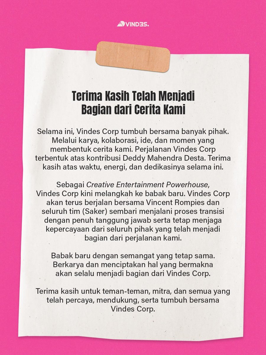 HabisNontonFilm's tweet photo. Vindes Corp ngumumin babak baru dalam perjalanan mereka. Vincent Rompies lanjut bareng Saker setelah Desta keluar. https://t.co/JvQqV62QOb