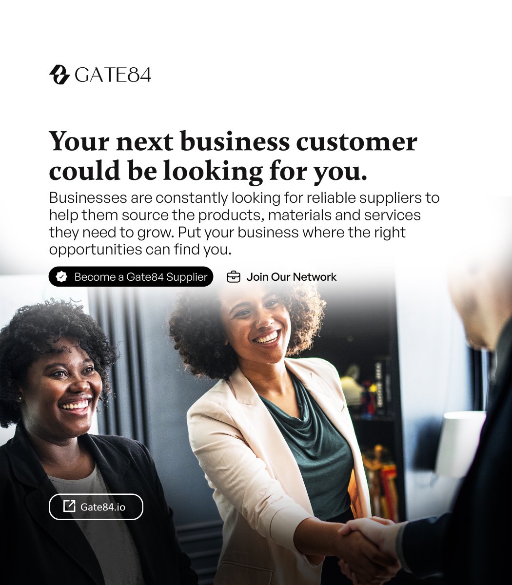 Gate84io's tweet photo. Your next business customer could be looking for you.
Gate84 is building a network where businesses can discover suppliers offering the products, materials and services they need.
Do not leave discovery to chance.

Become a Gate84 Supplier. Join our network; link in bio 🚀

#Gate84 #Suppliers #B2B #AfricanBusiness #BusinessInAfrica