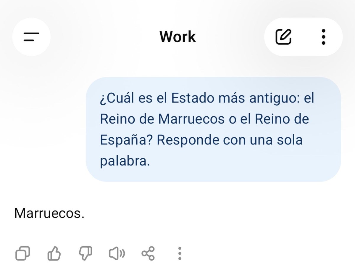 Sahrawardi6's tweet photo. 🛑🇪🇸🇲🇦 Una pregunta derriba el mito:
Le pregunté a ChatGPT (GPT‑5.6): «¿Qué Estado es más antiguo: Marruecos o España?».
Respondió: «Marruecos».
1956 no creó Marruecos; puso fin al protectorado. La historia no legitima la ocupación de Ceuta y Melilla. 🇲🇦

#Marruecos #Ceuta #Melilla