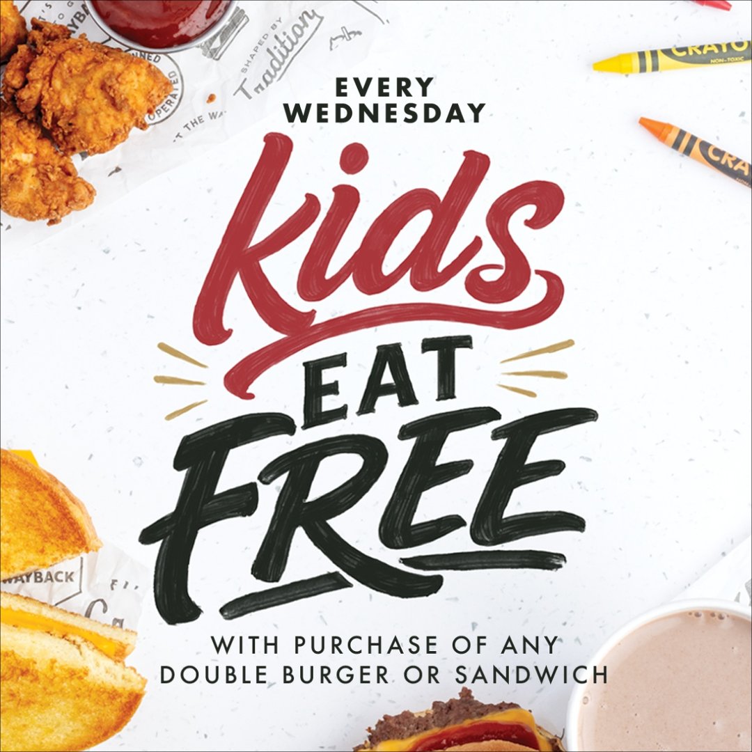 waybackburgers's tweet photo. Wednesdays are better at Wayback.
Free Kids’ Meal with purchase of a Double Burger or Sandwich.

*Available every Wednesday from 8/5/26 – 9/30/26. Limit 2 per Reward account/ order per Wednesday. It applies to orders placed in-restaurant, online, and through the Wayback Rewards https://t.co/CDavrAFmAF