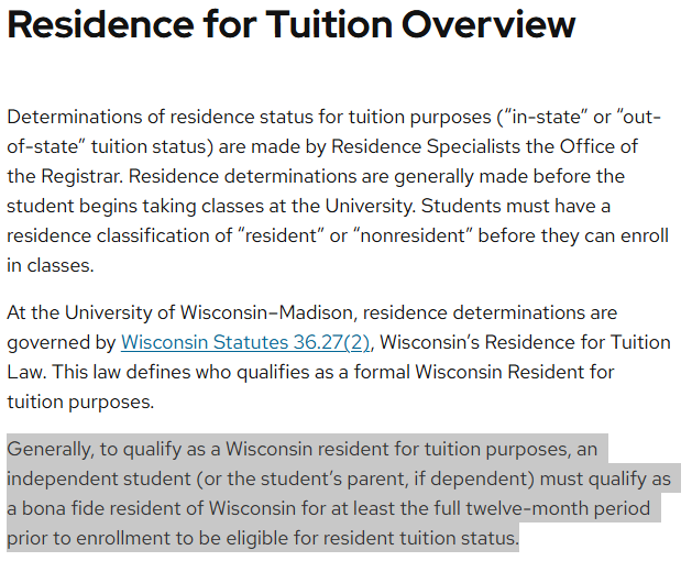 DanLennington's tweet photo. 🤑When UW-Madison wants tuition, they explain the rules on residency very strictly ("full twelve month period prior to enrollment"). 
🗳️When UW-Madison describes voting, they tell students only half the story ("have resided in Wisconsin for at least 28 consecutive days"). 
The standards are of course governed by different state laws. But UW-Madison's voting explanation only says 28 days (Wis. Stat. 6.02), and doesn't explain the more strict requirement in Wis. Stat. 6.10. As @RickEsenberg pointed out, it is not just 28 days, but this: "The residence of a person is the place where the person’s habitation is fixed, without any present intent to move, and to which, when absent, the person intends to return." Meaning, like, you are actually a resident of Wisconsin and your real home isn't your mom and dad's house in Minnesota. 
This came up because of an anecdote I heard about on-campus voter registration drives going on right now and what is being said to out-of-state students. These are just stories, but it would be nice if perhaps some reporters could go and ask the question: "what exactly are you telling out-of-state students about residence?" @uwfederalist