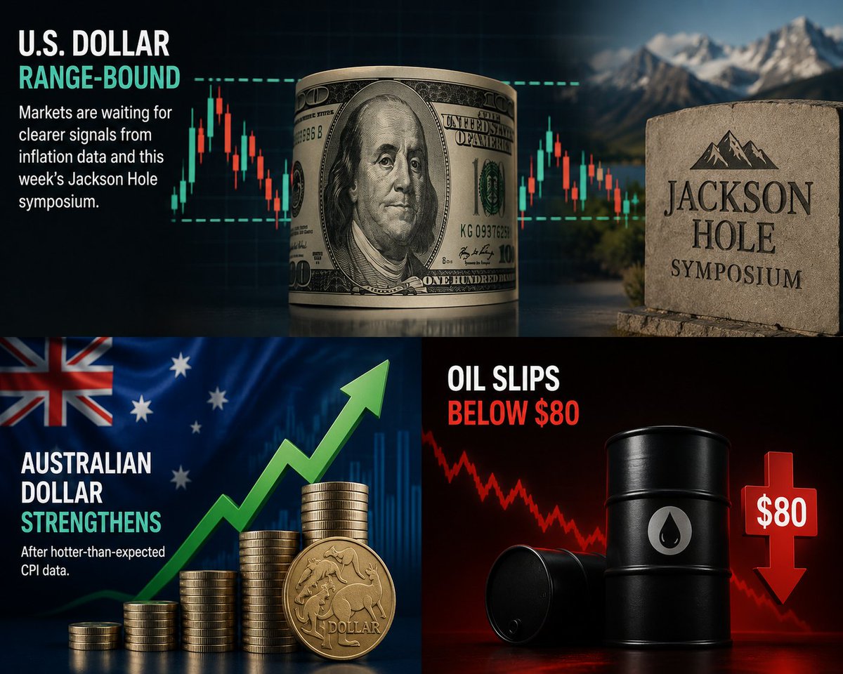 TradebeepAlarm's tweet photo. US Dollar remains range-bound.

Markets are waiting for clearer signals from inflation data and this week’s Jackson Hole symposium.

Meanwhile the Australian dollar strengthened after hotter-than-expected CPI, and oil has slipped back below $80. https://t.co/LfVIUWkUJk