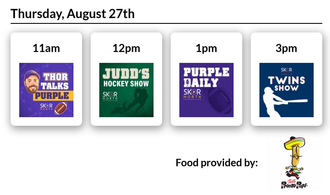 PhilMackey's tweet photo. We are pumped to bring @SKORNorth podcasts to the Minnesota State Fair again this year!

▪️ @thorku every weekday at 11a
▪️ Purple Daily every weekday at 1p 
▪️ JHS w/ @KirstenKrull tomorrow at noon 
▪️ @OLineCommittee Sept. 1 from 2-4p 

FULL SCHEDULE: https://t.co/2H43ImYT6N https://t.co/ZKrWGUfHxo