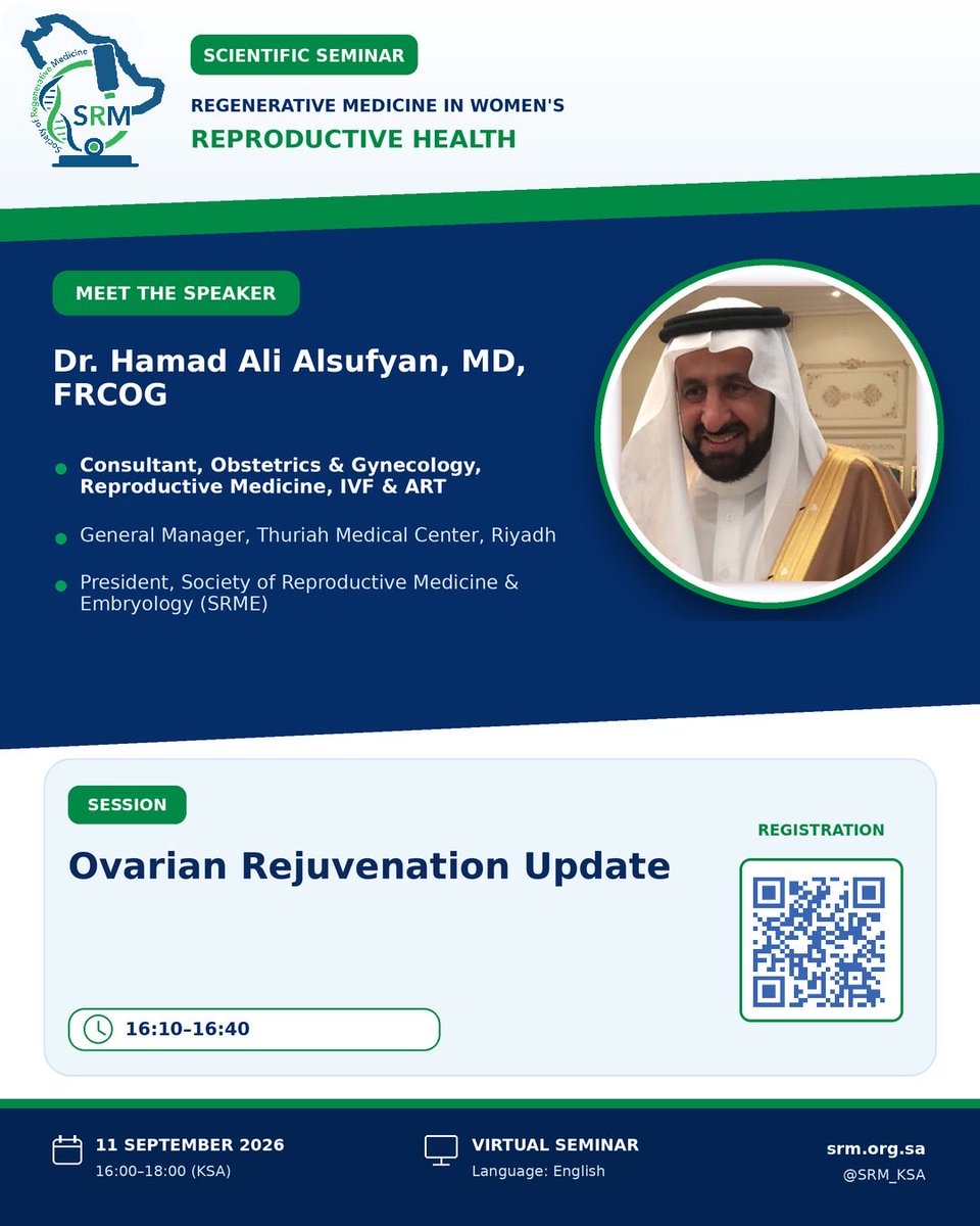 SRM_KSA's tweet photo. 📢 Meet the Speakers of Our Upcoming Virtual Scientific Seminar

The Society of Regenerative Medicine is pleased to invite you to its upcoming virtual scientific seminar:

Regenerative Medicine in Women’s Reproductive Health

Join our distinguished chairperson and speakers as they explore emerging advances and future perspectives in regenerative medicine for women’s reproductive health.

Scientific Program:

🔹 Dr. Namsha Al-Hajri — Seminar Chairperson

🔹 Dr. Hamad Ali Alsufyan
Ovarian Rejuvenation Update

🔹 Dr. Majed Al Hudhud
Endometrial Regeneration: Current Evidence and Future Perspectives

🔹 Dr. Feruza Gafarova
From Menopause to Longevity: The Expanding Role of Bioidentical Hormone Therapy

🔹 Prof. Islam M. Saadeldin
The Emerging Role of Exosomes in Fertility Preservation

📅 Date: 11 September 2026
⏰ Time: 16:00–18:10, KSA time
💻 Venue: Virtual Seminar
🌐 Language: English
💳 Registration Fee: 75 SAR
🎓 Free registration for students
📜 A certificate of attendance will be provided

Register here:
https://t.co/2WarUd74RU

We look forward to welcoming healthcare professionals, researchers, students, and everyone interested in regenerative medicine and women’s reproductive health.

#SRM #RegenerativeMedicine #WomensHealth #ReproductiveHealth #FertilityPreservation #Exosomes #OvarianRejuvenation #MedicalEducation #ScientificSeminar