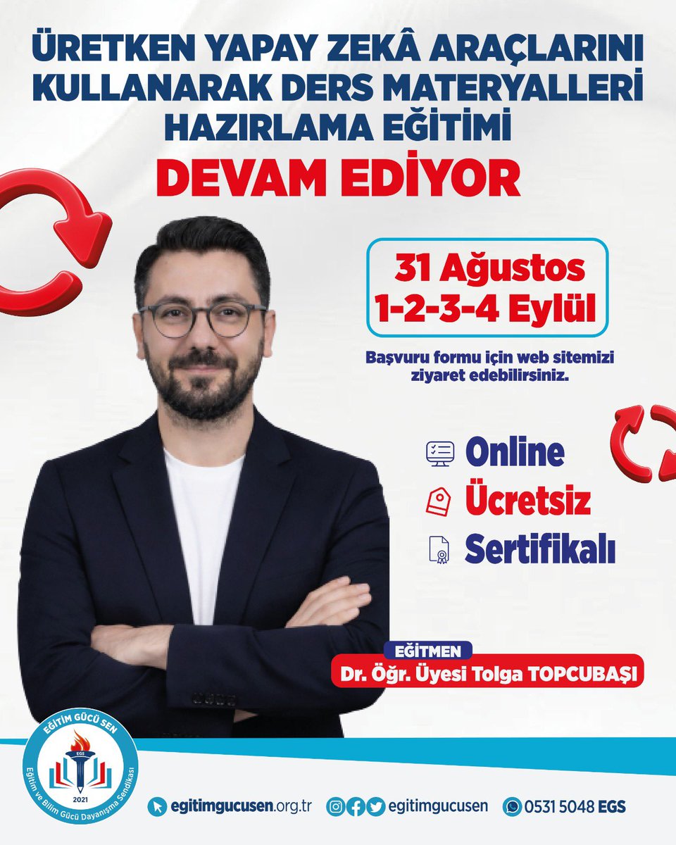 egitimgucusen's tweet photo. Üretken Yapay Zekâ Araçlarını Kullanarak Ders Materyalleri Hazırlama Eğitimi Başvurularımız Devam Ediyor! 

Eğitim Gücü Sen olarak üyelerimizin mesleki gelişimlerini destekleyen eğitim çalışmalarımıza devam ediyoruz.

Dr. Öğr. Üyesi Tolga TOPCUBAŞI tarafından gerçekleştirilecek eğitimimizde; üretken yapay zekâ araçlarının eğitim süreçlerinde etkili kullanımı ve özgün ders materyalleri hazırlanmasına yönelik uygulamalar ele alınacak.

📅 31 Ağustos, 1-2-3-4 Eylül 2026
💻 Online
🎓 Sertifikalı
🆓 Ücretsiz

Eğitimimize katılmak isteyen üyelerimiz başvurularını Web sitemizde yer alan  form üzerinden gerçekleştirebilir.

https://t.co/zcuKGzmDH1