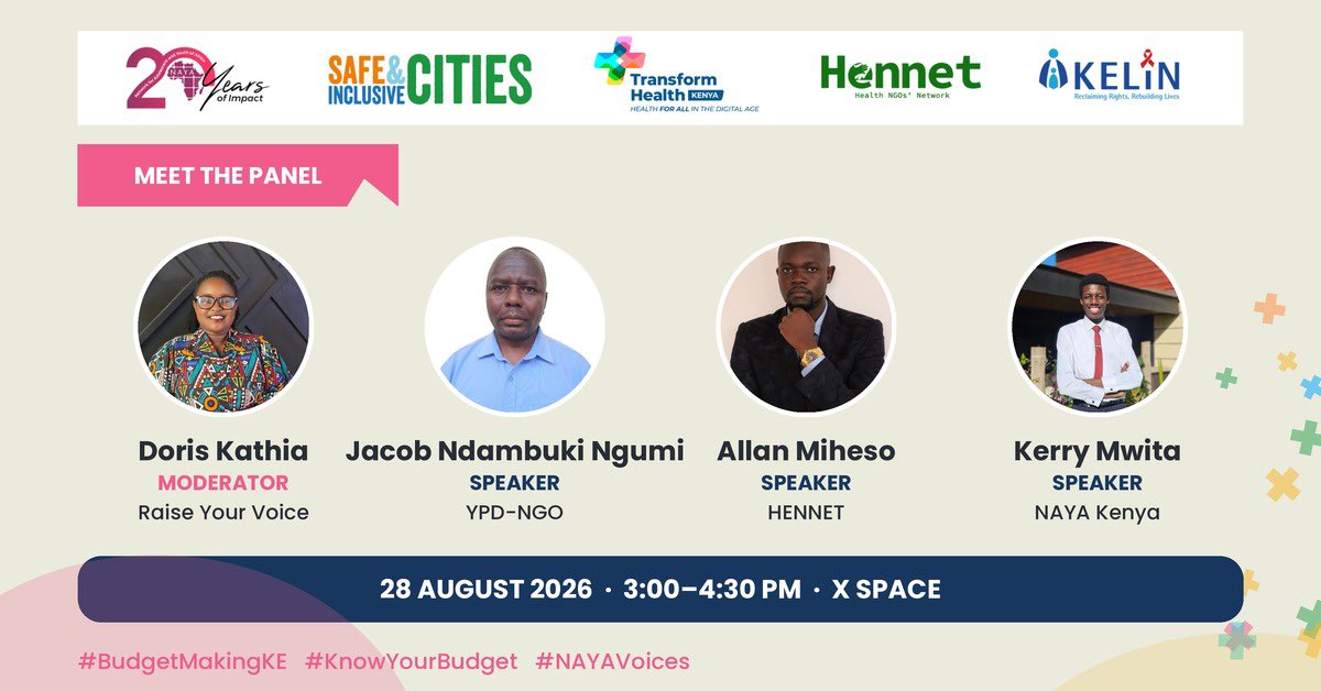 lucas_fondo's tweet photo. Meet the panel
Join us for an insightful X Space on budget making in Kenya.
Doris Kathia (Moderator) – Raise Your Voice
Jacob Ngumi – YPD-NGO
Allan Miheso – @HennetKenya
Kerry Mwita – @NAYAKenya
📅 28 Aug 2026
🕒 3:00–4:30 PM
#BudgetMakingKE #NAYAVoices #KnowYourBudget https://t.co/F6uArZrqrz