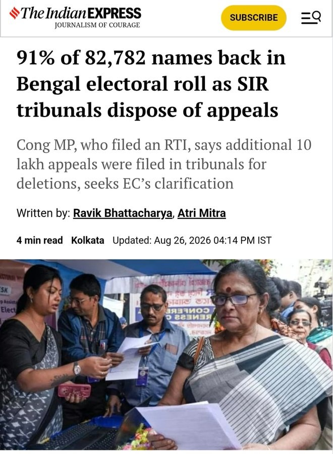 withbharatjodo's tweet photo. लो जी! बंगाल में 'वोट चोरी' का खेल रंगे हाथों पकड़ा गया!

चुनाव से पहले SIR करवाकर लाखों लोगों के नाम काटे गए, और चुनाव निपटते ही 82,782 अपीलों में से 91% (75,443) नाम वापस वोटर लिस्ट में जोड़ दिए गए!

सोचिए... चुनाव के वक्त जनता से उनका वोट देने का अधिकार छीन लिया गया ताकि नतीजे बदले जा सकें। और तो और, सबूत मिटाने के लिए 2 महीने पहले सरकारी इमारत में आग लगवाकर विधानसभा चुनाव में इस्तेमाल हुई 4,000 EVM भी जला दी गईं!

यह लोकतंत्र नहीं, मोदी और ज्ञानेश कुमार का 'वोट चोरी मॉडल' है!

West Bengal Election Tribunals Restore 91% of Appealed Voter Names | SIR | Gyanesh Kumar | Election Commission