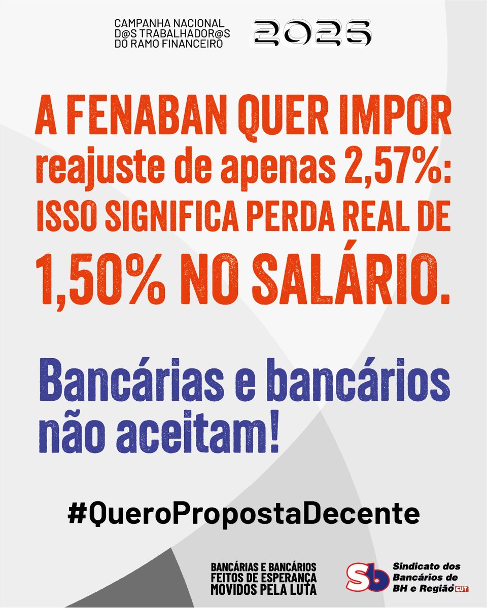 bancariosbh's tweet photo. Lucros bilionários para os bancos. Apenas 2,57% de proposta de reajuste para os bancários.
Essa conta não fecha.
Depois de 10 rodadas de negociação, a categoria exige uma proposta compatível com a riqueza que ajuda a produzir.
#QueroPropostaDecente @FEBRABAN https://t.co/f2DNU2dWtX
