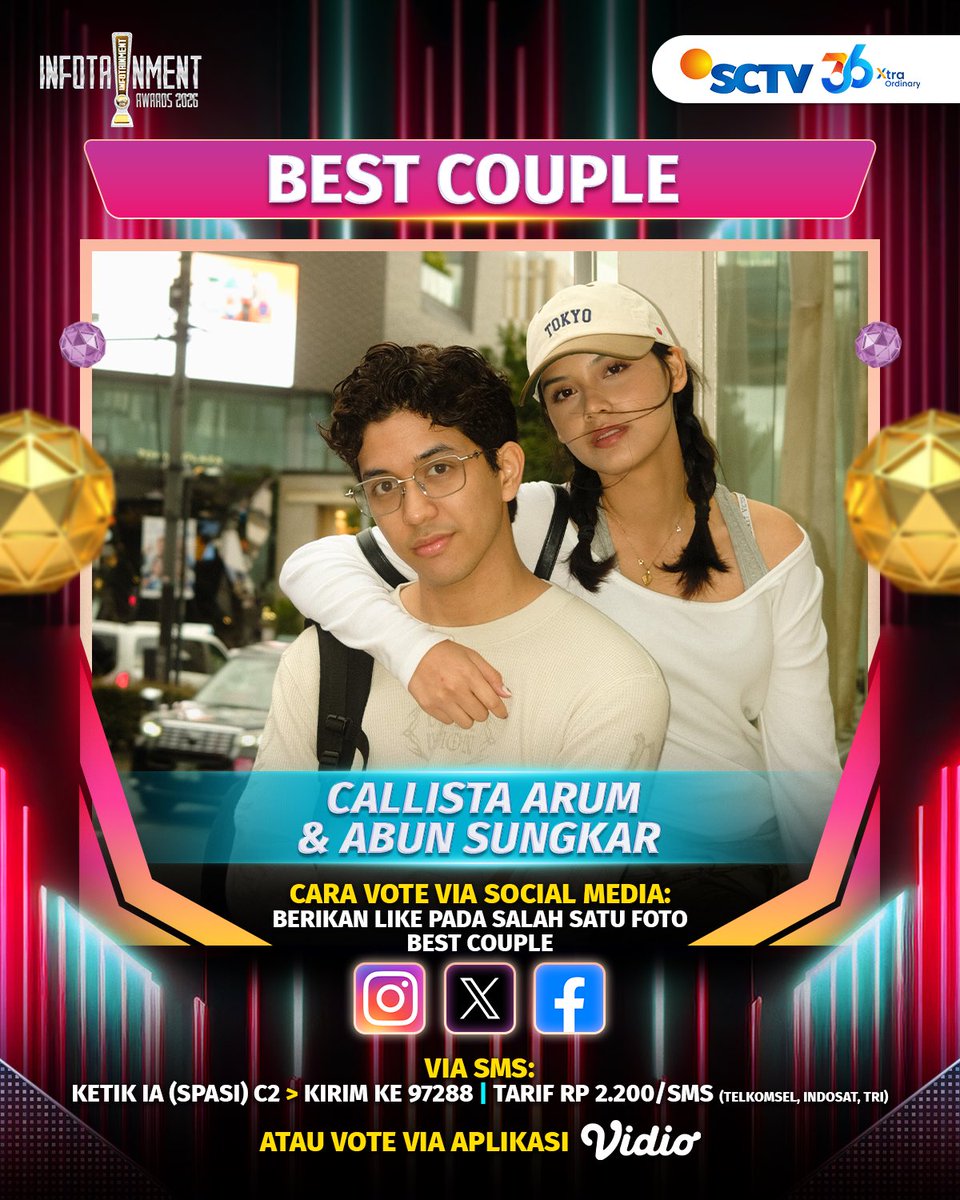SCTV's tweet photo. Yuk, dukung Callista Arum &amp; Abun Sungkar untuk memenangkan Kategori BEST COUPLE di Instagram dengan cara like foto berikut atau #VoteIA2026 via SMS, X, dan Facebook, atau bisa juga melalui Virtual Gift Vidio.

#IA2026 #InfotainmentAwards2026 #SCTVSpesial #VoteIA https://t.co/ozHA9xeDjH