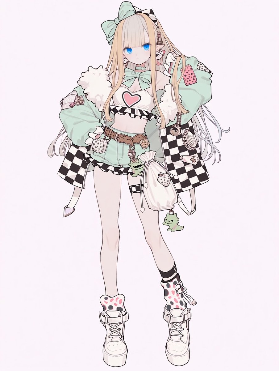 towa_AIillust's tweet photo. 🍰パステルスイーツ風衣装プロンプト🧁
お好みで色やデザイン調整してください🩵
プロンプト
pastel sweets-themed outfit, white halter bustier top with pink heart print center, large voluminous mint green bow on chest, white fluffy fur trim on shoulders and upper arms, mint green cropped bolero jacket with black-and-white checkered patchwork panels, brown crossbody strap belt with multiple pouches and charms, pink leopard print accent patches on shoulder and hip, mint green high-waisted short shorts with black-and-white checkered ruffle trim, white cylindrical drawstring pouch bag hanging at waist resembling a cup shape, green dragon-shaped plush charm accessory, white chunky platform high-top sneaker boots, pink and white leopard-spotted pattern on ankle and toe area, black ankle strap band, rounded voluminous sole, color palette: mint green, white, baby pink, black-white check, pastel kawaii streetwear style, playful sweets/candy aesthetic