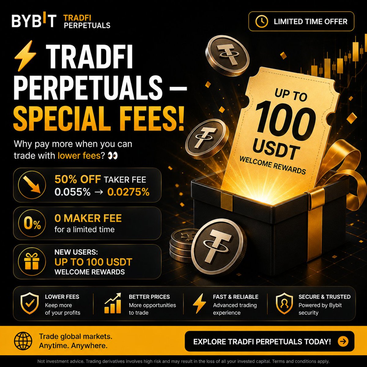 Hiru_Crypto's tweet photo. ⚡️⚠️ TRADFI PERPETUALS — SPECIAL FEES!

Why pay more when you can trade with lower fees? 👀

📊 50% OFF Taker Fee: 0.055% → 0.0275%
⚡️ 0 Maker Fee for a limited time
🎁 New users: Up to 100 USDT welcome rewards

Join now👇
https://t.co/XAMvcoP0rD

If you’re interested in Perpetual trading, check it out! 🔥🎁

#bybit #Bybit #Bybtitradfi #Tradfi