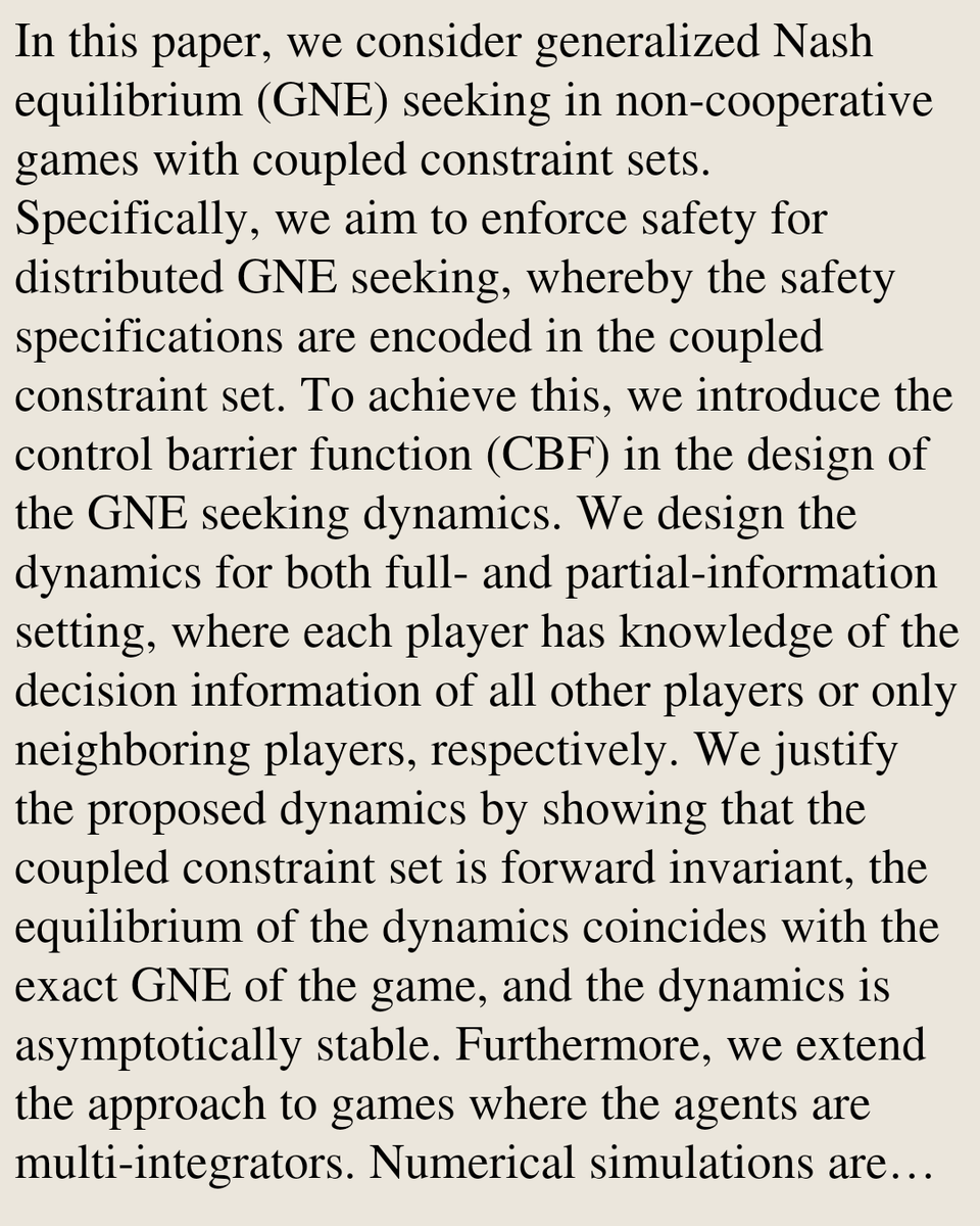MathOCPapers's tweet photo. Safe Distributed Generalized Nash Equilibrium Seeking via Control Barrier Functions

Yihan Meng, Weijian Li, Lacra Pavel
https://t.co/BwImJEdZjm [𝚖𝚊𝚝𝚑.𝙾𝙲] https://t.co/8e50shl5Ma