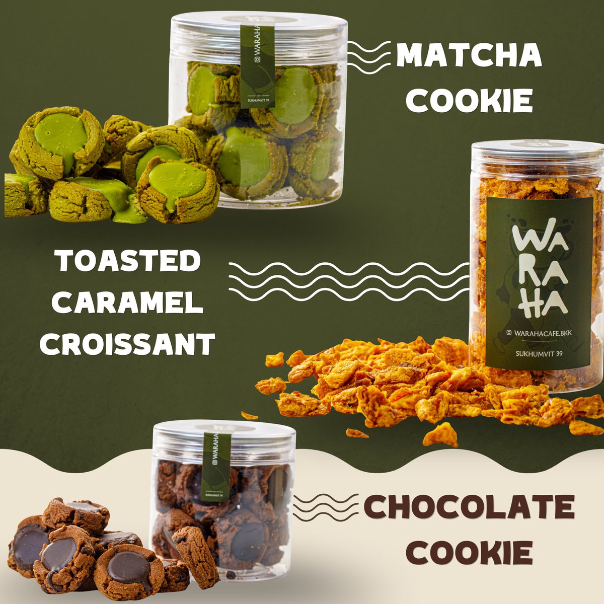 WARAHACAFE's tweet photo. Ready to grab&amp;go tomorrow!! 

🍵 Matcha Cookie
🍯 Toasted Caramel Croissant
🍫 Chocolate Cookie
🍌 Banana Crack
🫓 Almond Tuile
🌰 Almond Cluster 

รอบนี้มาจำนวนจำกัดนะคะ ใครเล็งตัวไหนไว้ พรุ่งนี้มาเจอกันที่ Waraha Café ได้เลย 💚 https://t.co/eR7Vs0fvSn