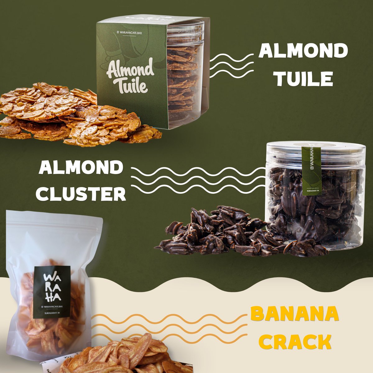 WARAHACAFE's tweet photo. Ready to grab&amp;go tomorrow!! 

🍵 Matcha Cookie
🍯 Toasted Caramel Croissant
🍫 Chocolate Cookie
🍌 Banana Crack
🫓 Almond Tuile
🌰 Almond Cluster 

รอบนี้มาจำนวนจำกัดนะคะ ใครเล็งตัวไหนไว้ พรุ่งนี้มาเจอกันที่ Waraha Café ได้เลย 💚 https://t.co/eR7Vs0fvSn