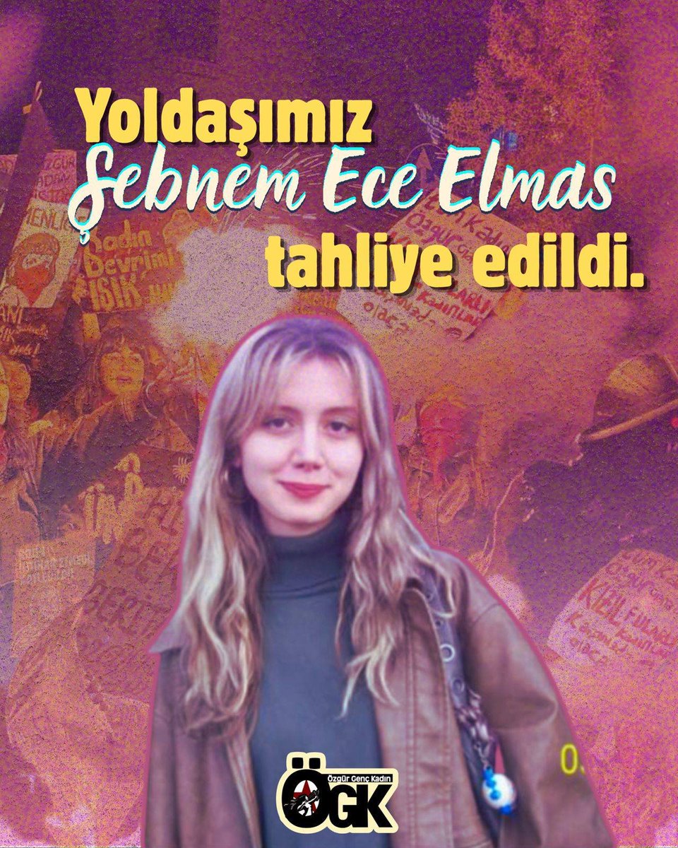 ozgurgenckadin4's tweet photo. Yoldaşımız Şebnem Ece Elmas, bugün görülen ilk duruşmasına tahliye edildi.

Hoş geldin Şebnem! https://t.co/yxvDo5cQbD