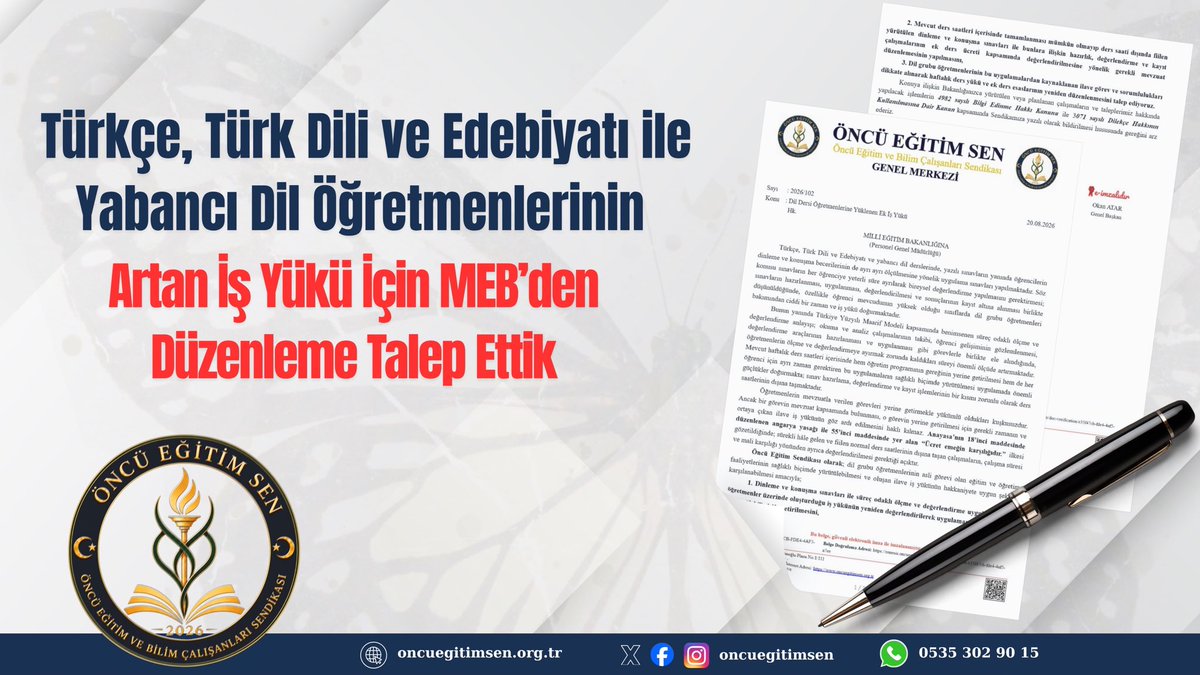 oncuegitimsen's tweet photo. Dil Öğretmenlerinin Artan İş Yükü İçin MEB’den Düzenleme Talep Ettik

Öncü Eğitim Sen olarak; Türkçe, Türk Dili ve Edebiyatı ile yabancı dil öğretmenlerinin yeni ölçme ve değerlendirme uygulamaları nedeniyle artan iş yüküne ilişkin 26 Ağustos 2026 tarihinde Millî Eğitim Bakanlığına resmî başvuruda bulunduk.

Sorun ve Gerekçelerimiz

 Artan İş Yükü: Dinleme ve konuşma becerilerinin her öğrenci için ayrı ayrı ölçülmesi ve Türkiye Yüzyılı Maarif Modeli kapsamındaki süreç odaklı değerlendirme (okuma/analiz takibi) çalışmaları, özellikle kalabalık sınıflarda öğretmenler üzerinde ciddi bir zaman ve iş yükü oluşturmaktadır.

 Mesai Dışı Çalışma: Haftalık ders saatleri içerisinde hem müfredatın işlenmesi hem de bu bireysel sınav, değerlendirme ve kayıt işlemlerinin tamamlanması mümkün olmamakta; çalışmalar fiilen ders saatleri dışına taşmaktadır.

 Hukuki Dayanak: Anayasa’nın 18’inci (angarya yasağı) ve 55’inci (ücret emeğin karşılığıdır) maddeleri gereğince, öğretmenlerin görevlerini yerine getirmek için harcadığı ilave zaman ve emeğin karşılıksız bırakılması hukuka aykırıdır.

MEB’den 3 Somut Talebimiz

1. Dinleme ve konuşma sınavları ile süreç odaklı değerlendirme uygulamalarının yarattığı iş yükünün yeniden değerlendirilerek makul ve sürdürülebilir hâle getirilmesi.

2. Ders saatleri dışında fiilen yürütülen sınav hazırlık, uygulama, değerlendirme ve kayıt işlemleri için ek ders ücreti ödenmesine yönelik mevzuat düzenlemesi yapılması.

3. Dil grubu öğretmenlerinin ilave sorumlulukları dikkate alınarak haftalık ders yükü ve ek ders esaslarının yeniden düzenlenmesi.

Ayrıca, başvurumuzla ilgili Bakanlıkça yürütülen veya planlanan çalışmalar hakkında Bilgi Edinme Hakkı ve Dilekçe Hakkı kanunları kapsamında yazılı bilgi talep ettik. Öğretmenlerimizin emeğinin karşılıksız bırakılmaması için konunun takipçisi olmaya devam edeceğiz.