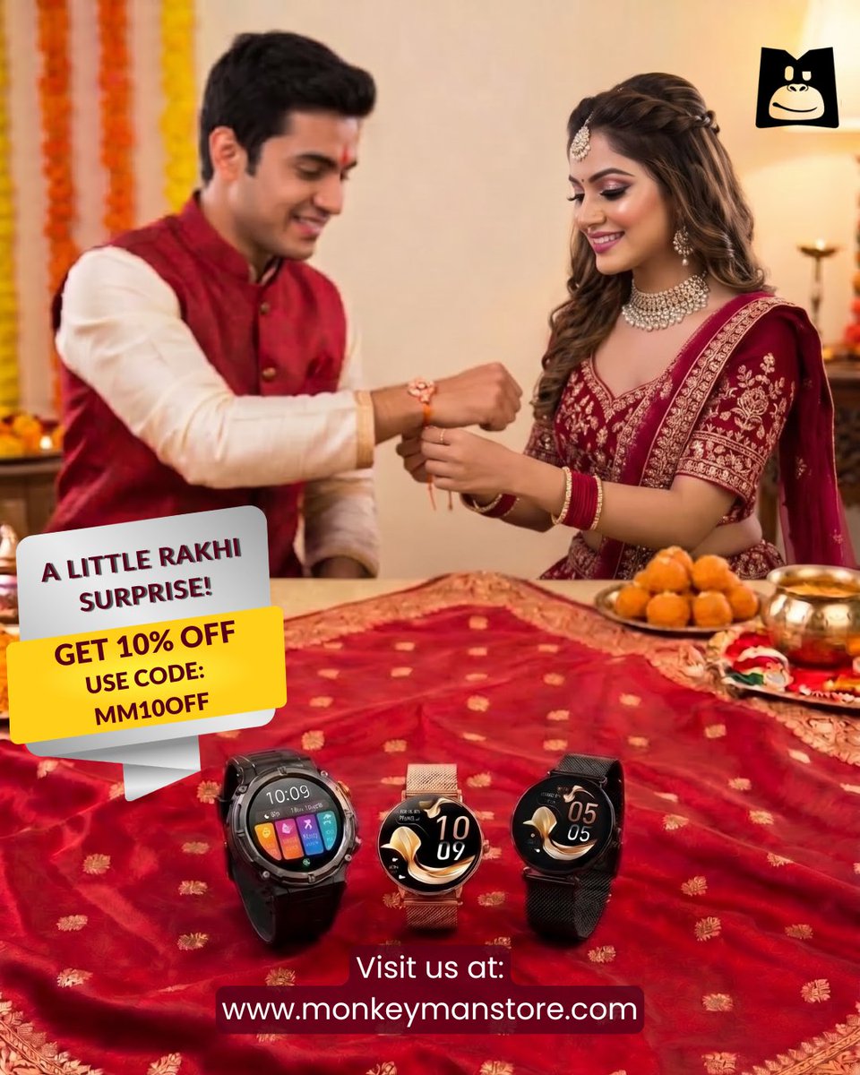 monkeymanstore's tweet photo. This Raksha Bandhan, surprise her beyond rakhi! Gift Bella &amp; Ape smartwatches- elegance, strength, love wrapped on wrist.

Get 10% OFF with code MM10OFF on https://t.co/E9xhl8mkXu. Celebrate timeless bond today forever always together

#RakshaBandhanOffer #MonkeymanStore #MM10OFF https://t.co/ijm55pxncS