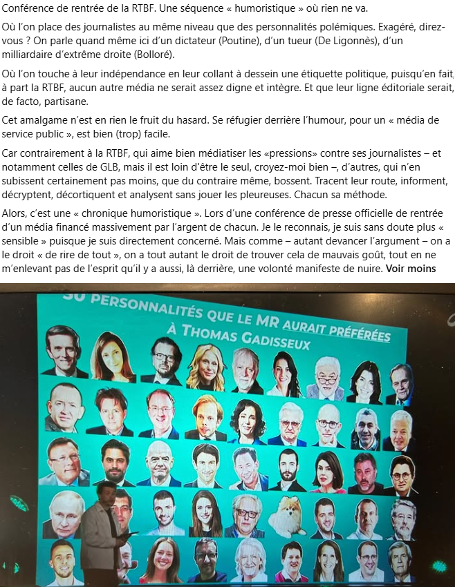 GasGrosjean's tweet photo. 🔴 Conférence de presse de la #RTBF. Où l'on place des journalistes au même niveau qu'un dictateur, un tueur, un milliardaire d'extrême droite. Tout doutant de leur indépendance en leur collant une étiquette politique. 
Mais c'est "de l'humour"... https://t.co/T76Y5Mq8my