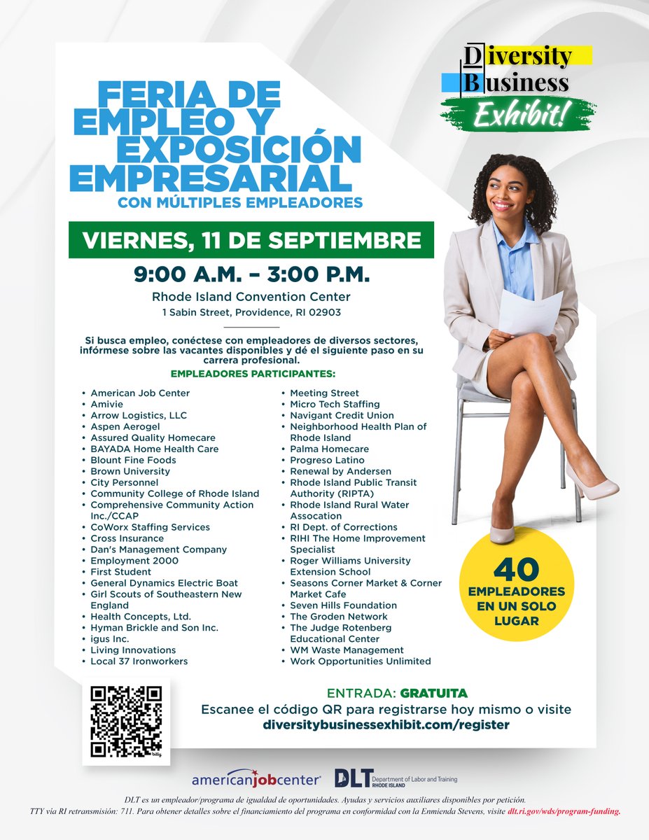 RI_DLT's tweet photo. Visite la feria de empleo de @DivBizExhibit el 11 de septiembre; más de 40 empresas estarán contratando.
📍 Rhode Island Convention Center
🕙 9:00 a. m. – 3:00 p. m.
Confirme aquí: https://t.co/6fDcaH1TmV
#FeriaDeEmpleo #Contratando https://t.co/sZ23zVMPA6