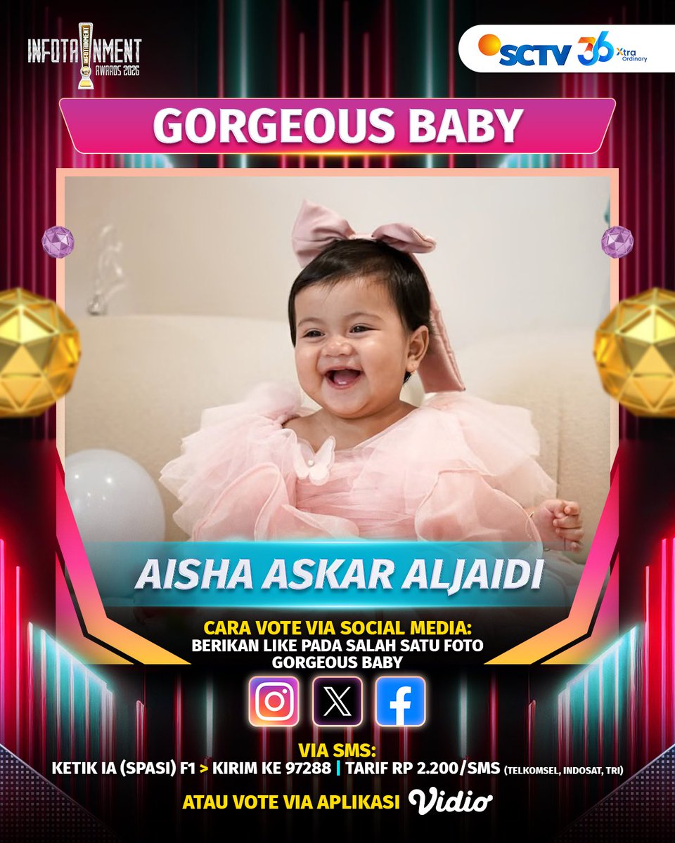 SCTV's tweet photo. Yuk, dukung Aisha untuk memenangkan Kategori Gorgeous Baby di X dengan cara like foto berikut atau #VoteIA2026 via SMS, Instagram, dan Facebook, atau bisa juga melalui Virtual Gift Vidio.

#IA2026 #InfotainmentAwards2026 #SCTVSpesial #VoteIA https://t.co/suRjoriZeV