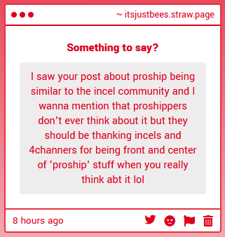 carcosaslostart's tweet photo. https://t.co/JZLDSvKhUY
Lmao yeah they really should... "i should be able to post whatever I want whenever without consequences ever also im better than you" is literally a mindset proshippers share with 4channers. Theyre kinda like neoliberal 4chan. pinkwashed 4channers https://t.co/ep9ZqcjyKp