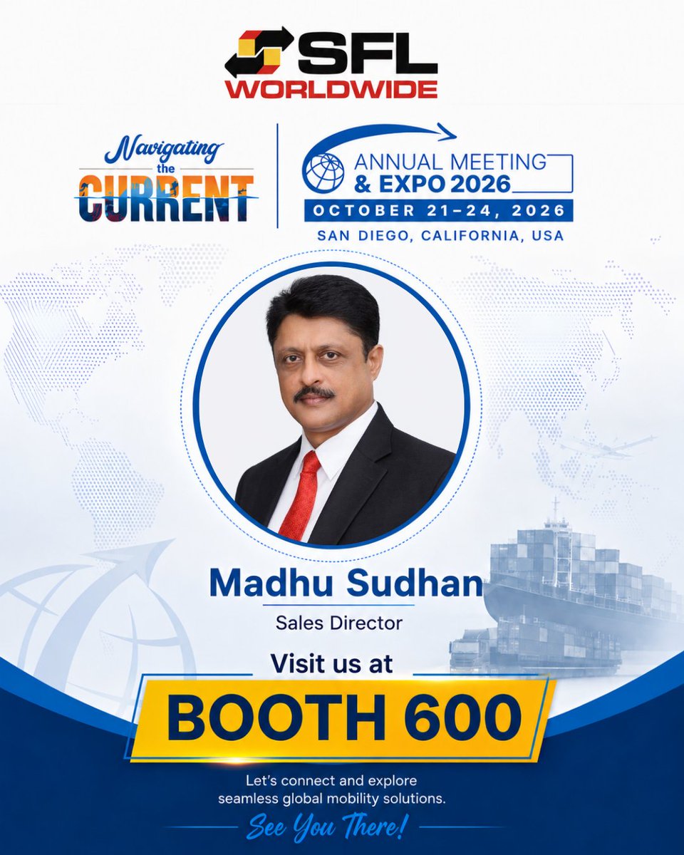 SFLWorldwide's tweet photo. Meet Madhu Sudhan, Sales Director at #SFLWorldwide, at IAM Annual Meeting & Expo 2026! ๐
๐ San Diego, CA
๐
Oct 21โ24, 2026
๐ Booth 600
Stop by to connect, share ideas, and explore global mobility opportunities. See you there!
#IAM2026 #GlobalMobility #Relocation https://t.co/tp0dF8U7BK