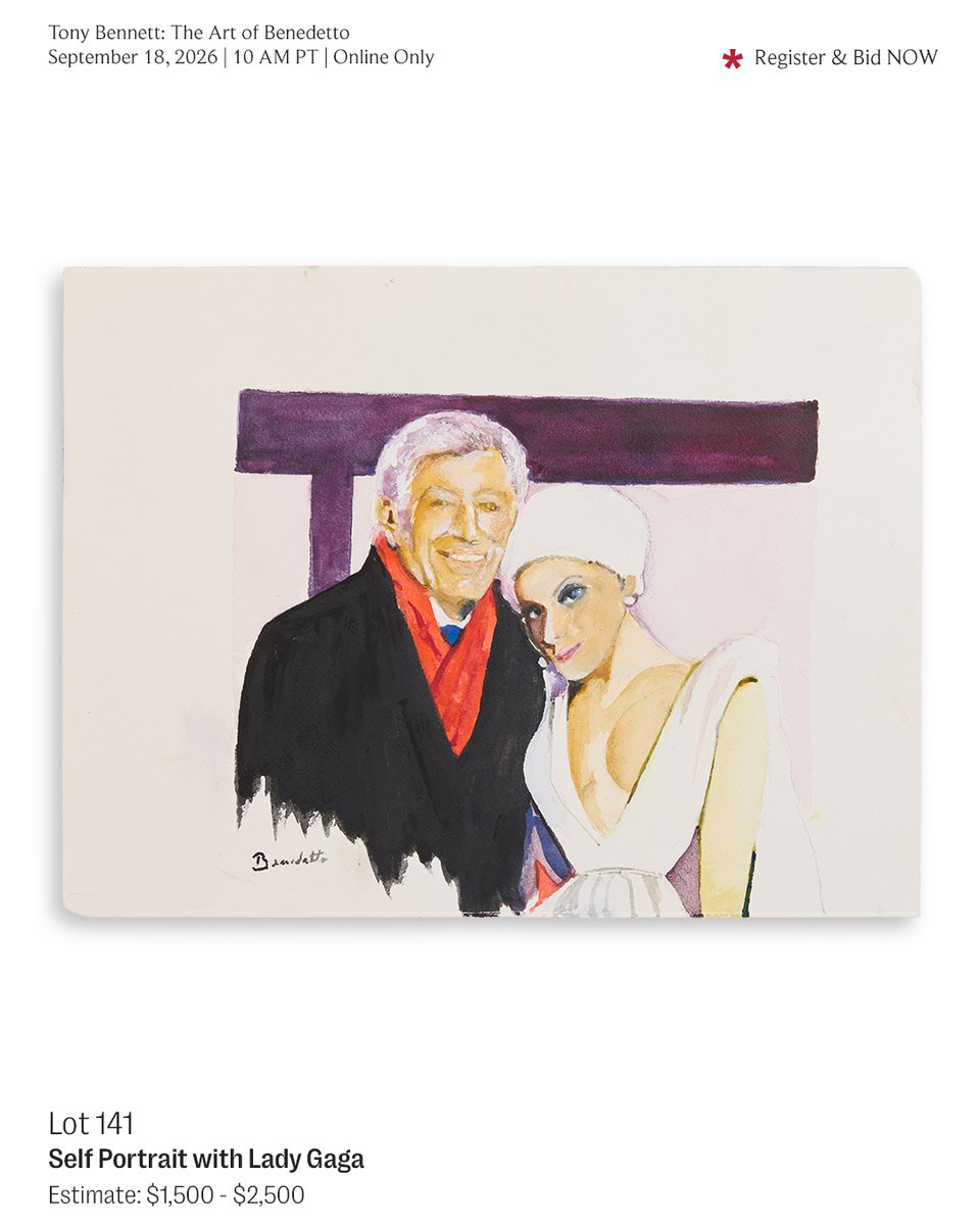 JuliensAuctions's tweet photo. Julien's Auctions presents Tony Bennett: The Art of Benedetto, a September 18 online auction of paintings and sketches by the legendary singer, working under his birth name, Anthony Benedetto (@itstonybennett).

Bennett began drawing at age five with sidewalk chalk outside his childhood home in Queens, and he sketched or painted nearly every day for the rest of his life, often capturing the view from a hotel window while on tour. He kept his two careers deliberately separate, signing every canvas "Benedetto" so the work could stand on its own.

The collection includes a self portrait of Bennett with Lady Gaga, his charcoal portrait of Dave Brubeck, a still life set in front of a window overlooking the city, a landscape of Capri, and a portrait of his wife, Susan Benedetto. Together they trace the eye of a man who studied at New York's High School of Art and Design and went on to place his paintings in the Smithsonian American Art Museum and the National Portrait Gallery.

Register and Bid
https://t.co/wbnSigFqUK

#JuliensAuctions #TonyBennett #Jazz #ArtCollector #FineArt