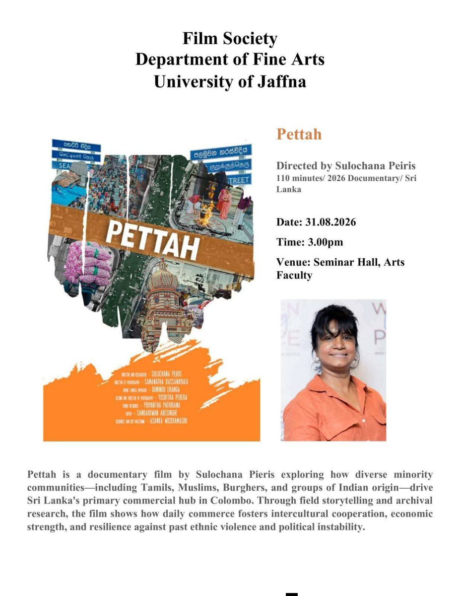 nomadic_sanjee's tweet photo. Here is your opportunity to watch #Pettah in Jaffna by @Sulo_Peiris.
Monday 31 August at 3 pm at the Seminar hall, Arts faculty.
#SriLanka https://t.co/9eiOick1ox