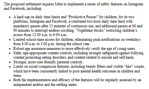 BradKutner's tweet photo. INBOX: @jonesjay says he's secured $353 million for #VALeg as part of a $17 billion settlement with @Meta over the company's impact on children. 

New limits on their apps the company promises to add included in second pic. https://t.co/2jYdFSoZaa