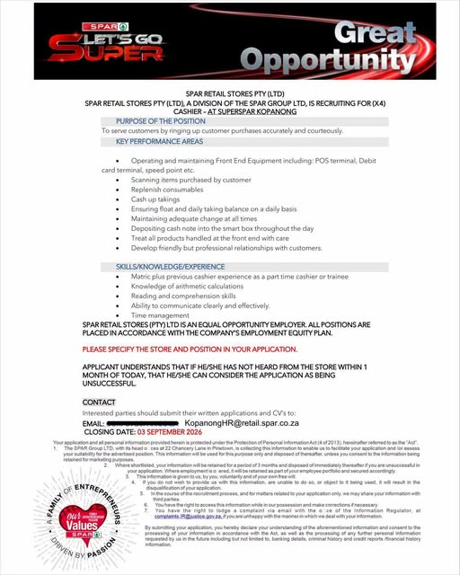NthabelengDlam3's tweet photo. AVAILABLE POSITIONS!
We’re hiring! If you’re interested in joining our team, submit your application before the closing date.
 Closing Date: 03 September 2026
 Email: kopanongHR@retail.spar.co.za
Important: Please include the position you are applying for in the email subject https://t.co/GQwR1S0eoa