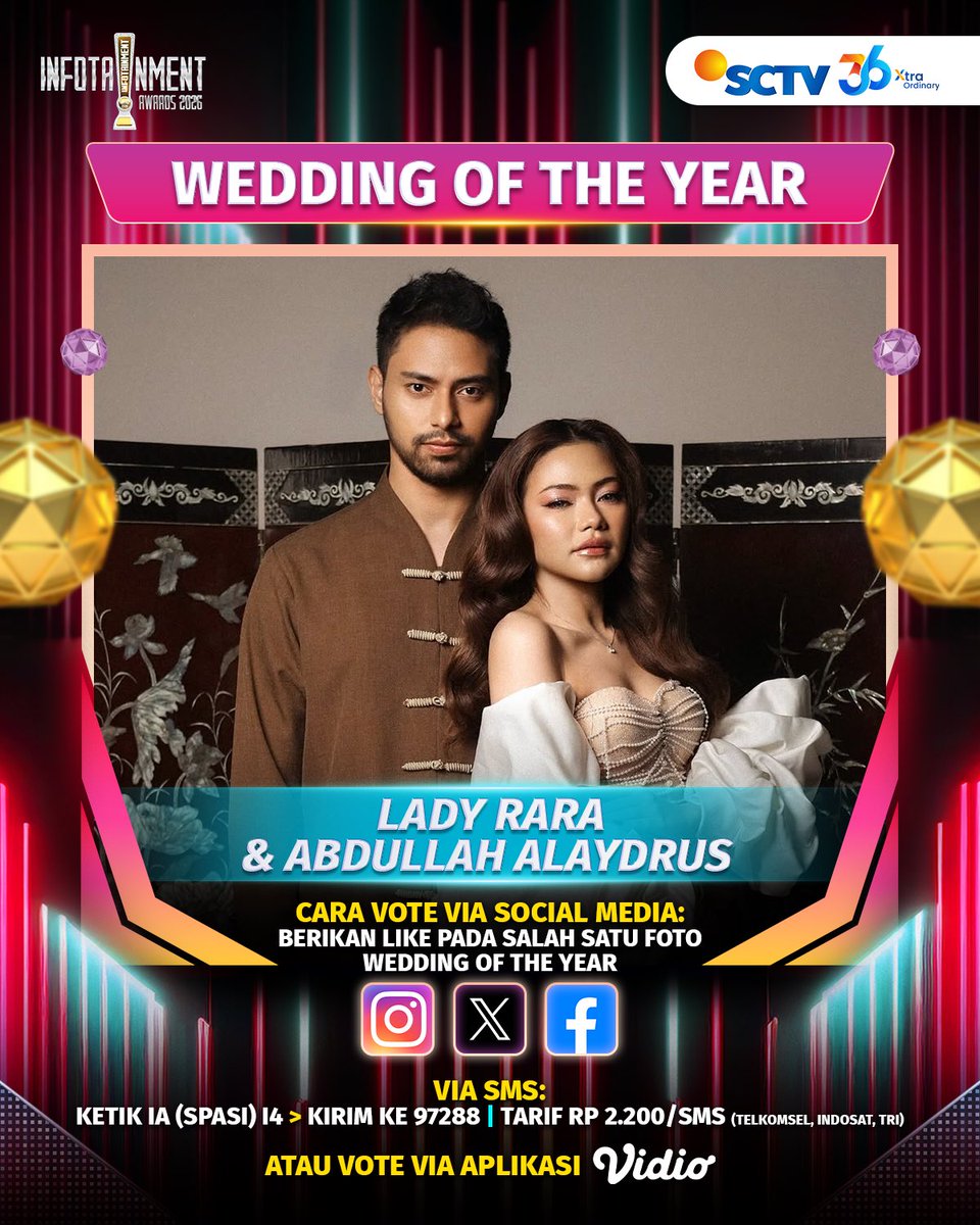 SCTV's tweet photo. Yuk, dukung Lady Rara & Abdullah untuk memenangkan Kategori Wedding of The Year di X dengan cara like foto berikut atau #VoteIA2026 via SMS, Instagram, dan Facebook, atau bisa juga melalui Virtual Gift Vidio.
#IA2026 #InfotainmentAwards2026 #SCTVSpesial #VoteIA https://t.co/rQCqvswRhB