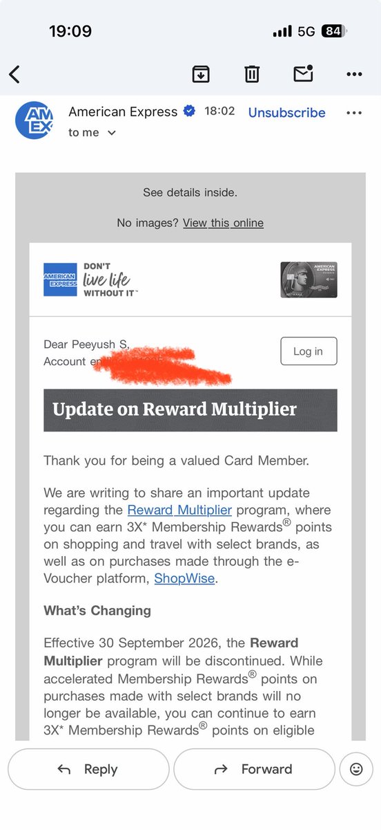 iPeeyushSri's tweet photo. #AmEx seems to be in a hurry to wrap up India business!
Only today I spoke to someone in AmEx and now got this: Rewards Multiplier gone!
Flip side: My Platinum Charge card on the way!
Strange times! Stranger actions!
#ccgeek #creditcards #amex https://t.co/Q5uhFGrYtG