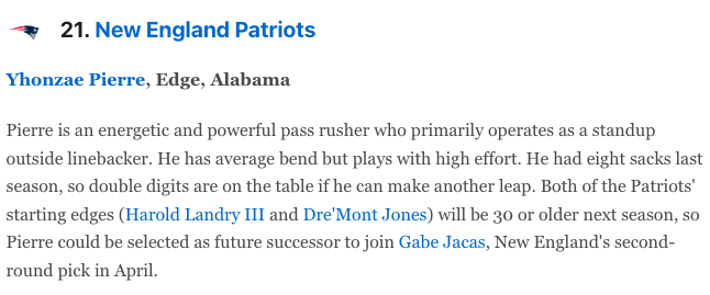 MJRodnick's tweet photo. In @Jordan_Reid's Preseason 2027 NFL Mock Draft, he has the Patriots picking EDGE Yhonzae Pierre at 21.

Vrabel has gone back-to-back first-round OTs in his first two drafts.  2027 the year he looks at the defense? https://t.co/tk3qgKxsWp