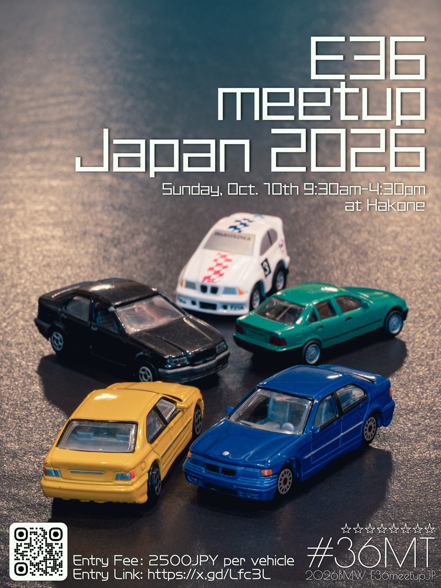 E36MeetupJP's tweet photo. 皆様お待たせしました！
今年もやります #36MT

日時　2025/10/18(日)
場所　箱根近辺
費用　2,500円/台

その他詳細は画像及びエントリ���リンク先を参照ください
エントリーはこちらから →https://t.co/tMvpoislrI https://t.co/agDfQNCekY