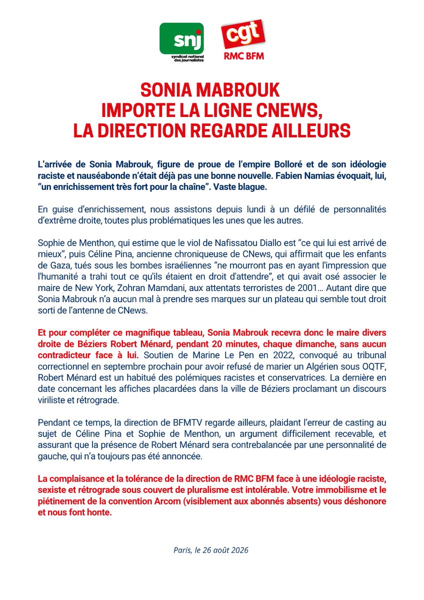 CGT_RMC_BFM's tweet photo. Sonia Mabrouk importe la ligne CNews, la direction de RMC BFM regarde ailleurs... https://t.co/guCvUhTlHO