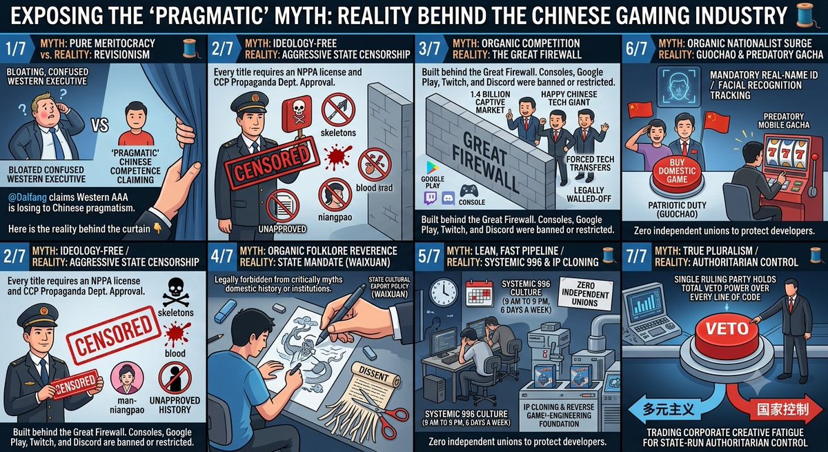 ChongWingk71066's tweet photo. 1/7 🧵
.@Dalfang’s video claims Western AAA is losing to Chinese "pragmatism" and "ideology-free competence."
​Western AAA has massive bloat and design issues, but framing the Chinese gaming industry as a pure meritocracy is complete revisionism.
​Here is the reality behind the curtain 👇
​2/7
The Myth of "Ideology-Free" Development
​Chinese studios aren't free from ideology—they operate under the world's most aggressive state censorship.
​Every single title requires an NPPA license and approval from the CCP’s Central Propaganda Department. Skeletons, blood, religious themes, unapproved history, and even "effeminate men" (niangpao) face strict regulatory bans.
​3/7
The "Organic Competition" Fallacy
​Chinese tech giants didn’t outcompete Western rivals in an open market.
​They were built behind the Great Firewall. Consoles, Google Play, Twitch, and Discord were banned or restricted, giving domestic conglomerates a legally walled-off, captive market of 1.4 billion users alongside forced tech transfers.
​4/7
Mandated "Reverence" vs. Real Creative Freedom
​Praising studios for "revering" folklore misses the point: state cultural export policy (waixuan) mandates it.
​Developers don't just choose traditional myths out of humility—they are legally forbidden from critically deconstructing domestic history or institutions. Dissent means instant revocation of your studio's license.
​5/7
The "Lean, Fast" Pipeline is Systemic 996
​The speed and low costs being romanticized rely heavily on brutal 996 crunch culture (9 AM to 9 PM, 6 days a week) with zero independent unions to protect developers, built atop decades of state-shielded IP cloning and reverse-engineering.
​6/7
Nationalist Mobilization & Predatory Monetization
​Massive domestic sales surges are heavily driven by state-backed Guochao (national pride) campaigns that frame buying domestic games as a patriotic duty.
​Underneath a few showcase single-player games sits the real business model: predatory mobile gacha paired with mandatory real-name ID and facial recognition tracking.
​7/7
Authoritarian Control Is Not "True Pluralism"
​Swapping Western corporate design flaws for an ecosystem where a single ruling party holds total veto power over every line of code isn't "diversity" or a win for players.
​It’s just trading corporate creative fatigue for state-run authoritarian control.