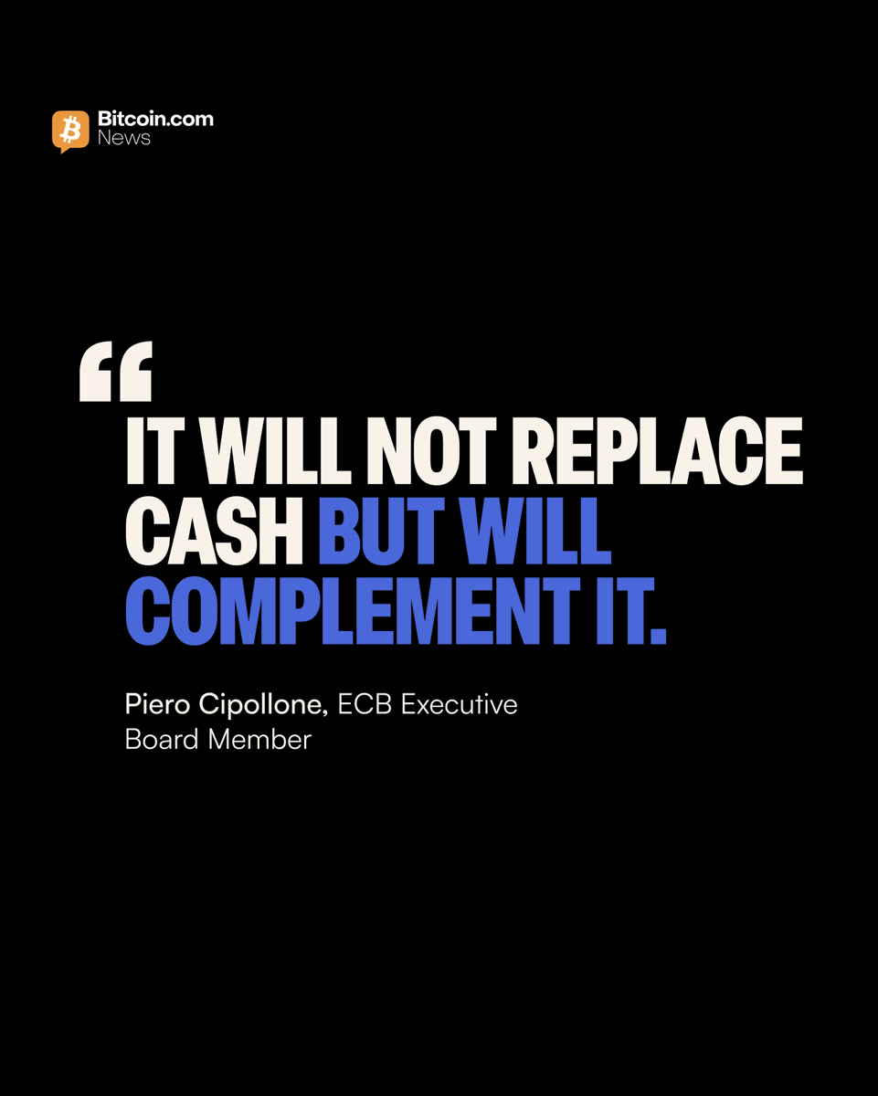 BitcoinNews's tweet photo. JUST IN: 🇪🇺 ECB board member Piero Cipollone says the digital euro "guarantees the maximum level of privacy that current technology can offer."

While the Eurosystem won't identify users online, commercial banks still will for AML purposes. Issuance is targeted for 2029. 💶 https://t.co/LkBr7aqw6R